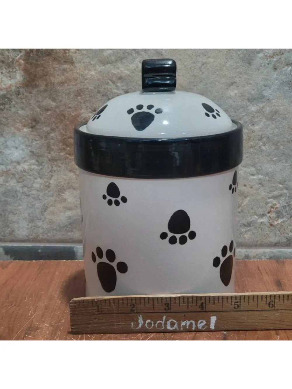 Castlemere Creations Ceramic Pet Treat Jar White Base Black Paw Print Lid Black